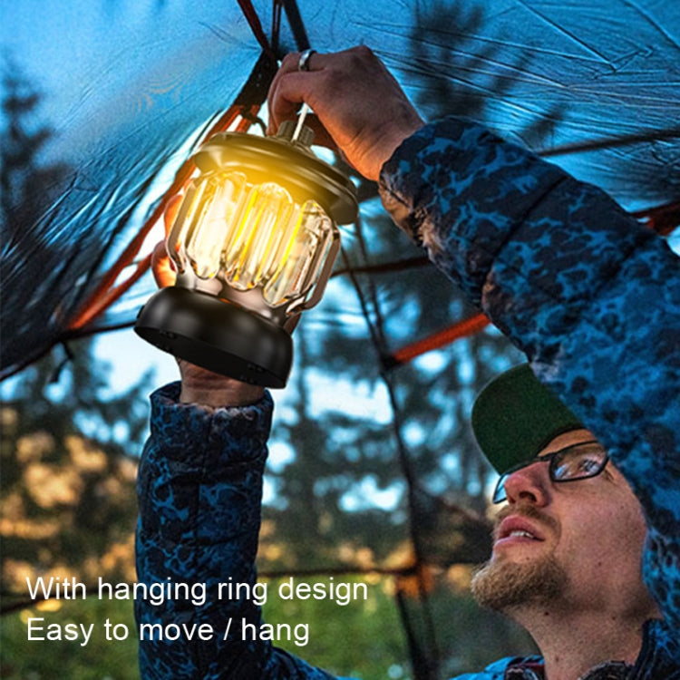 Black retro LED tent light hanging from top ring for easy setup