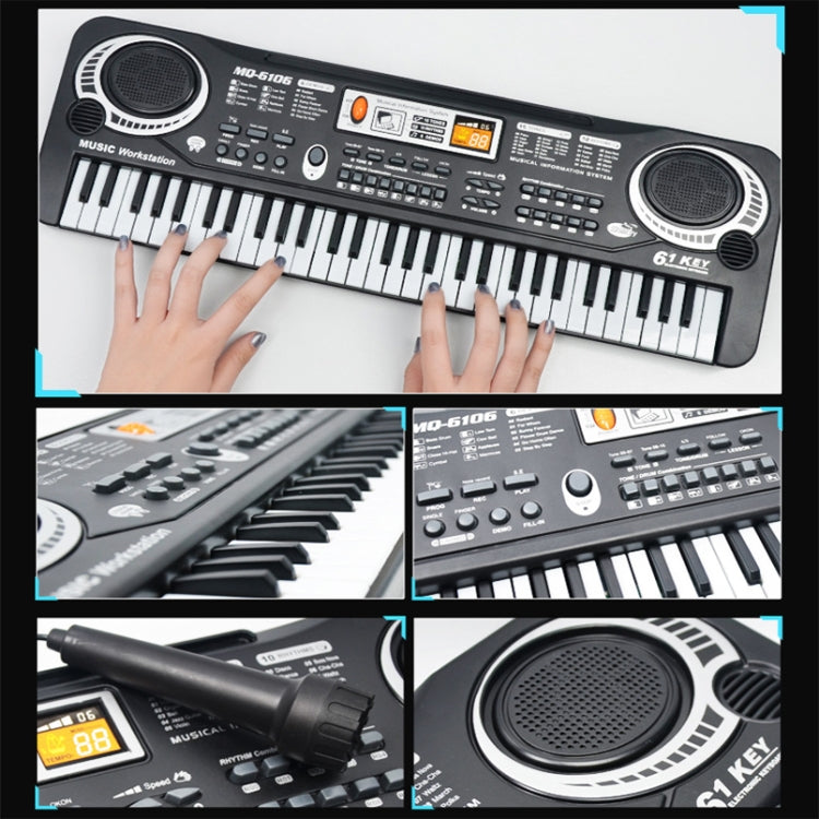61-key electronic organ toy close-up with keys, control buttons, and speaker grills