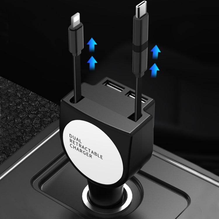 Dual retractable car charger base with dual USB ports and two retractable plugs