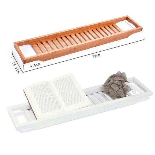 Bamboo slat tray with white base and storage grooves, shown with folded towel