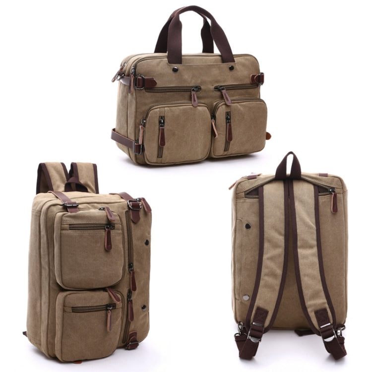 Khaki canvas briefcase bag with top handle, front pockets, and adjustable shoulder straps