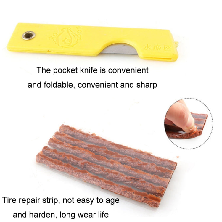 Yellow pocket knife and brown tire repair rubber strip pieces for puncture sealing