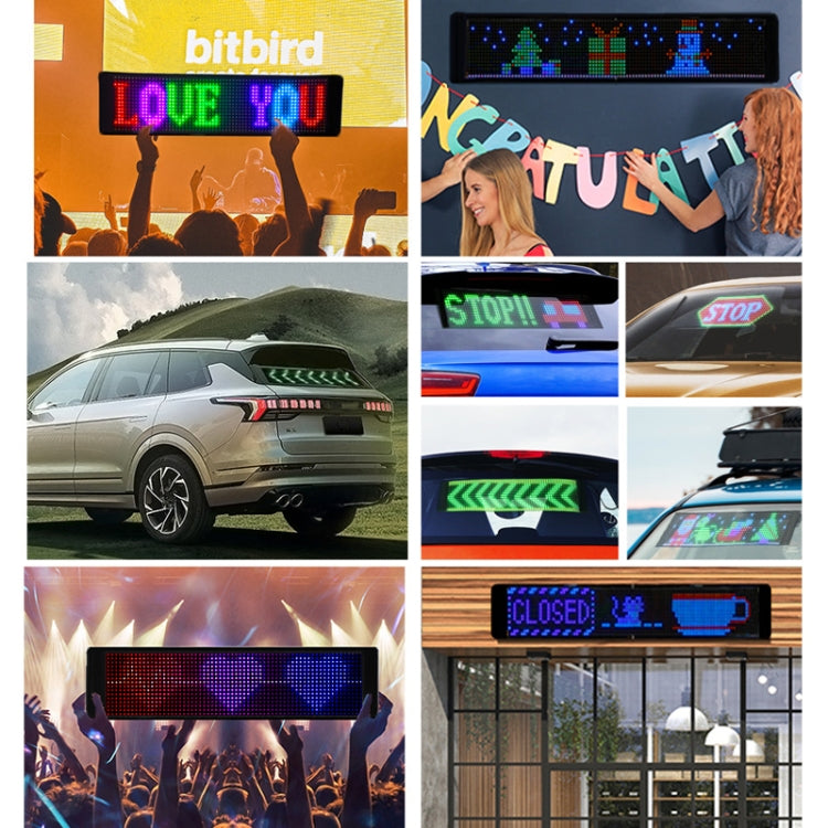 RGB LED display on vehicles showing scrolling pixel text and graphics