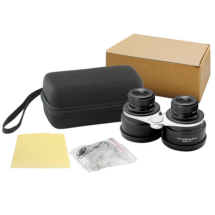 Portable binoculars set with black zip case, cleaning cloth, and accessories