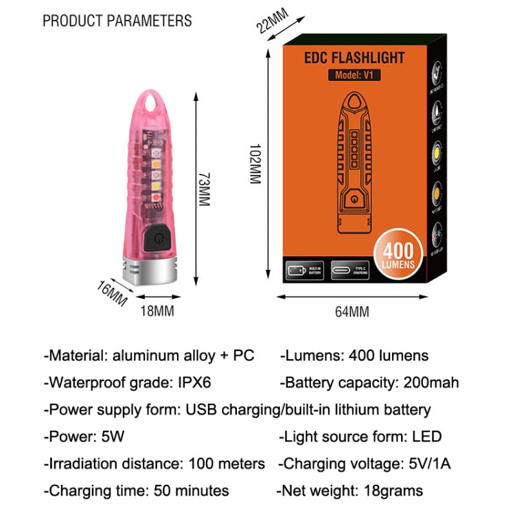 Retail package for EDC flashlight (Model V1) showing mini keychain lantern design and specs.