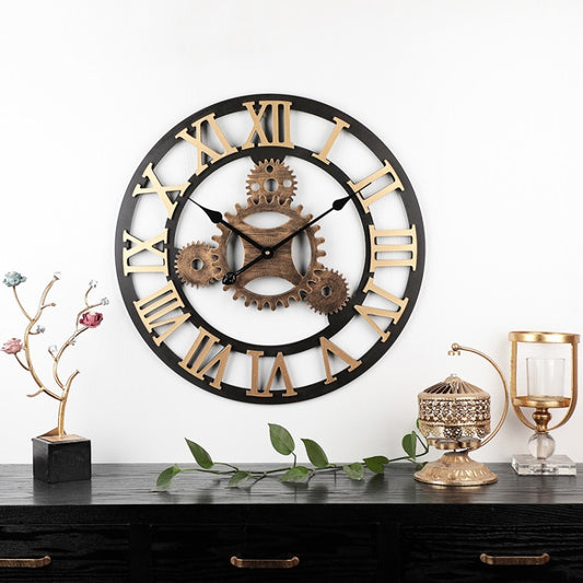 Roman numeral round wall clock with bronze gears and black frame
