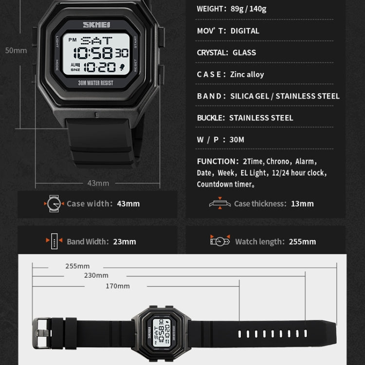 SKMEI men's digital outdoor watch with black silicone strap and rectangular display