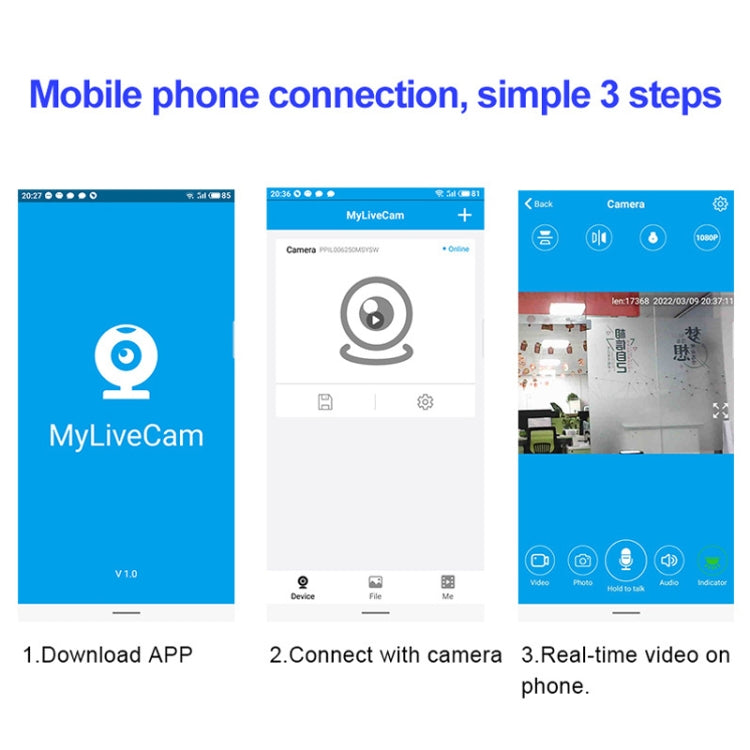 Smartphone showing MyLiveCam app steps to connect the WK10 camera