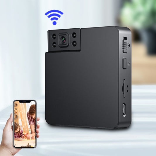 Black WiFi network camera with dual lenses and side ports, compact body design.