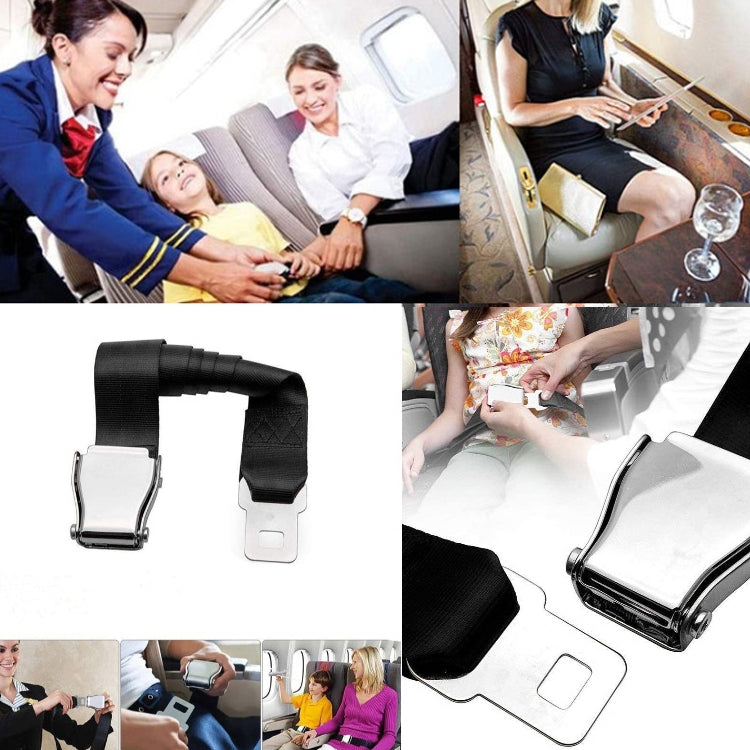 Black aircraft buckle adjustable seat belt with silver metal buckle and mounting tab