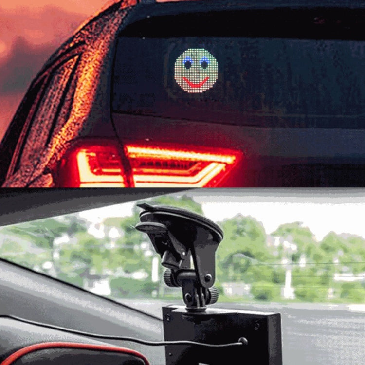 RGB LED emoticon display mounted on car rear window with suction cup holder