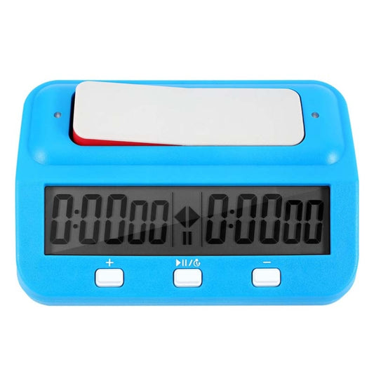 Blue digital chess clock with large LCD timer display and three control buttons