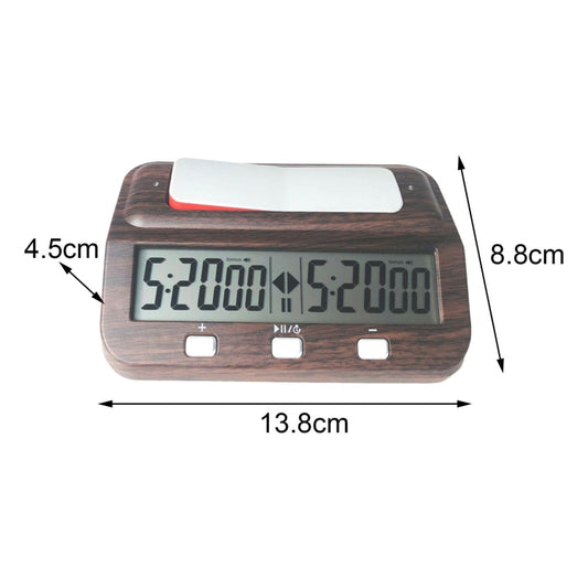 Wood-grain digital chess clock with red bar; labeled 13.8cm width and 8.8cm height