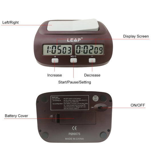 Chess and Go timer showing button controls, display screen, and battery cover underside
