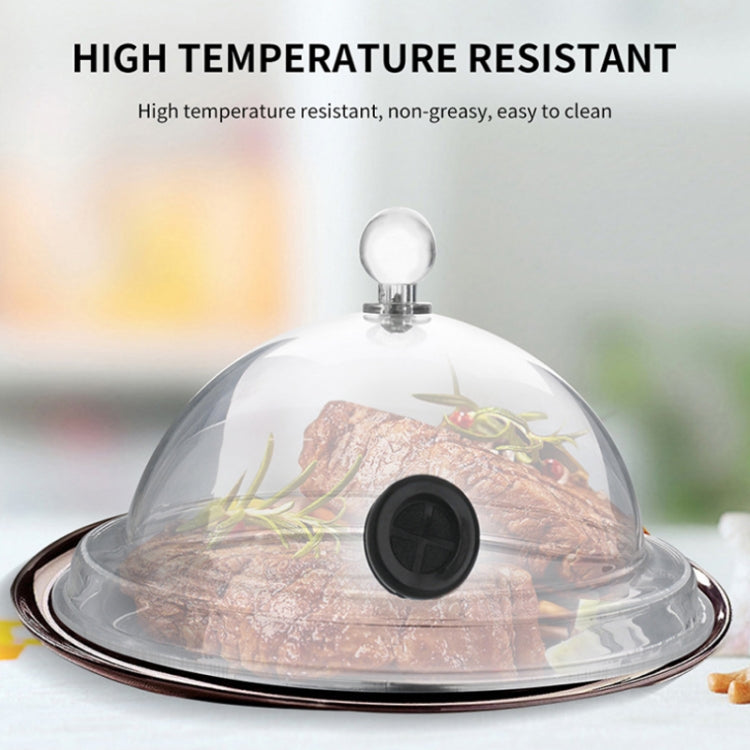 Clear acrylic smoker hood over food with black vent cap and round top knob
