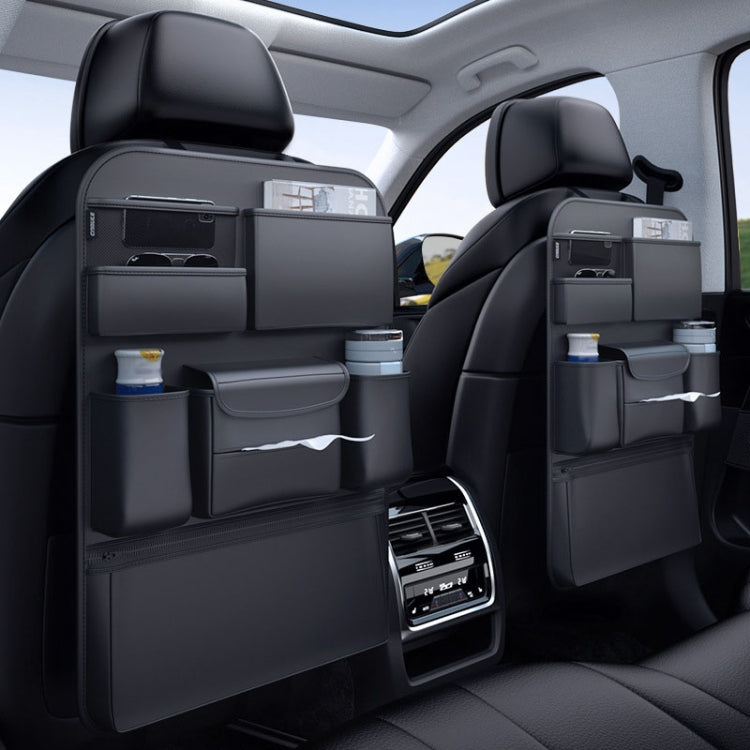 Car seat back storage bag installed on both front seats with multiple storage pockets