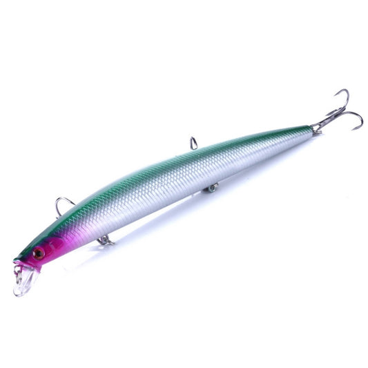 Long-distance minnow fishing lure with teal-green top, purple belly, silver hooks
