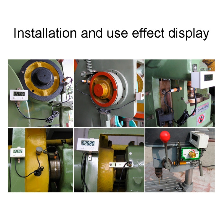 Industrial digital counter with magnetic sensor switch shown connected to industrial equipment