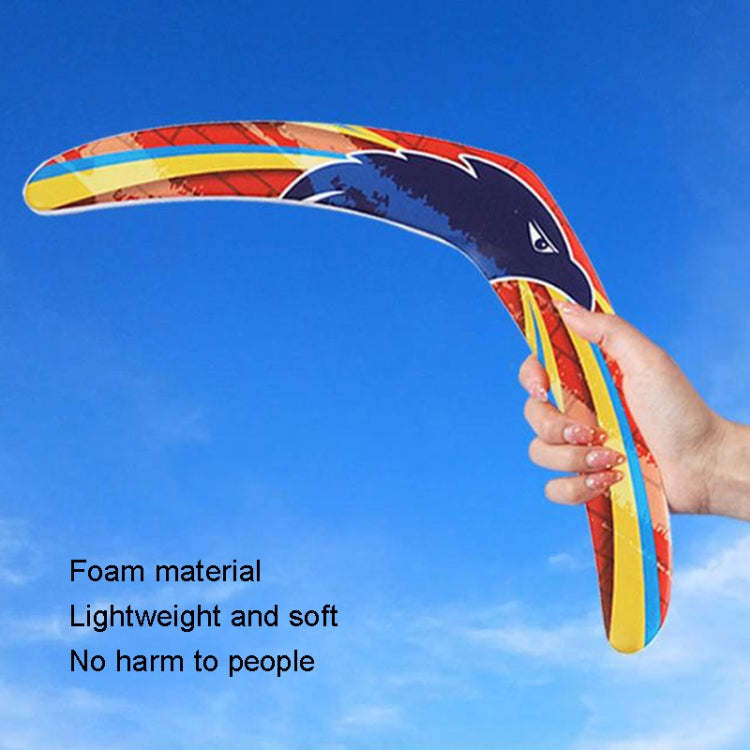Foam flying rotation plate held in hand with blue eagle graphic and multicolor stripes
