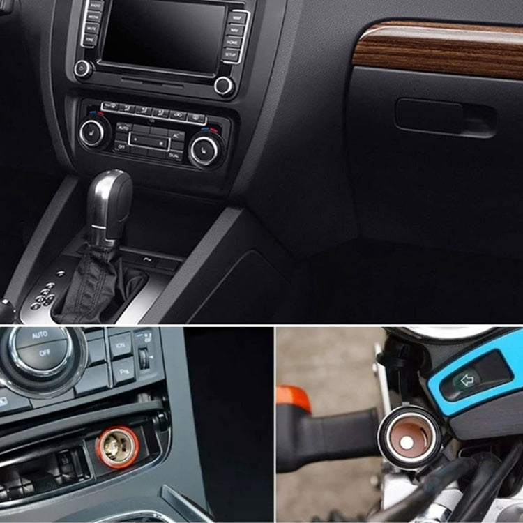 Cigarette lighter socket adapter installed in car center console, visible metal socket