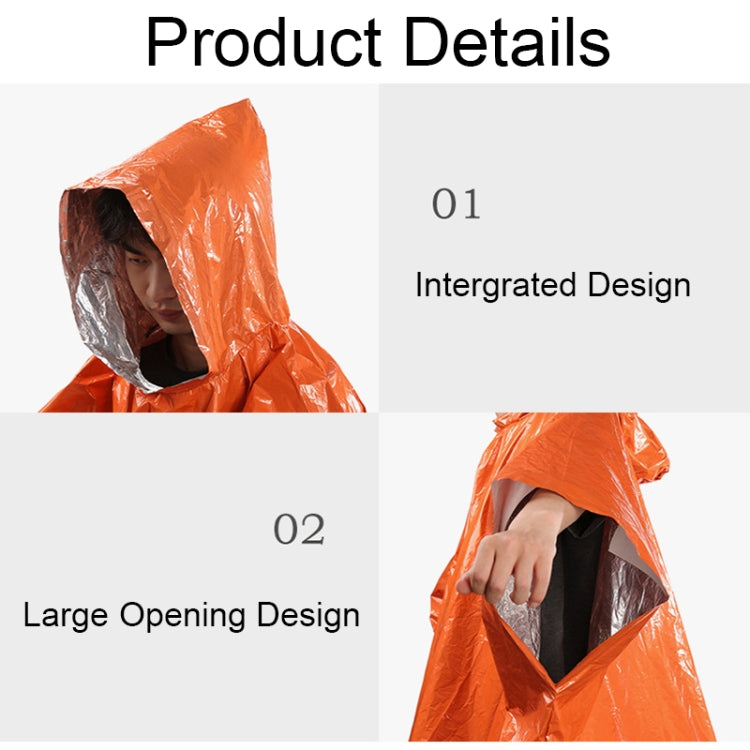 Orange hooded poncho detail: integrated hood and large front opening
