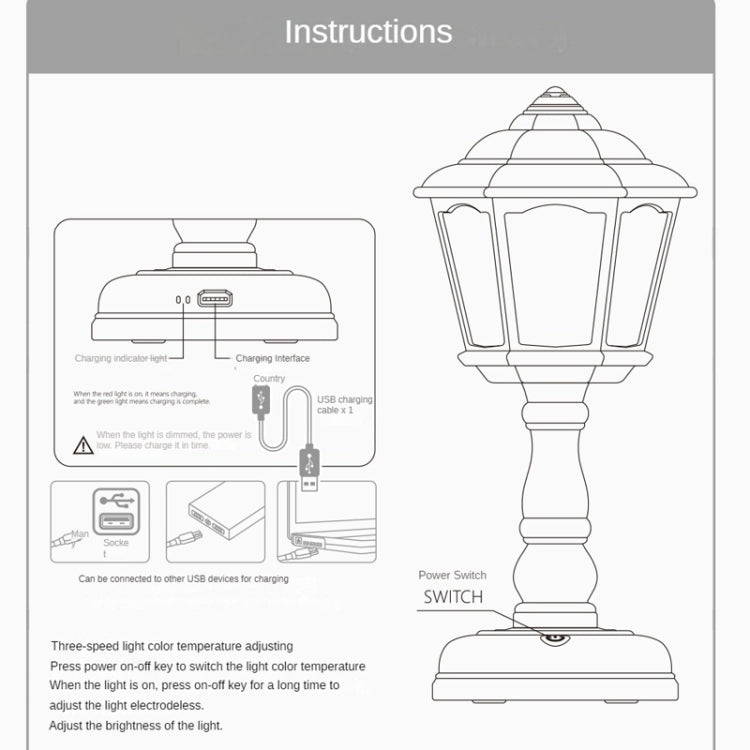 Retro table lamp instruction diagram with charging USB and power switch labels