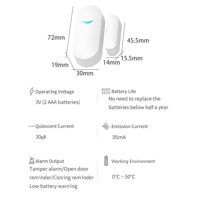 White magnetic door/window sensor size diagram with battery and alarm output notes