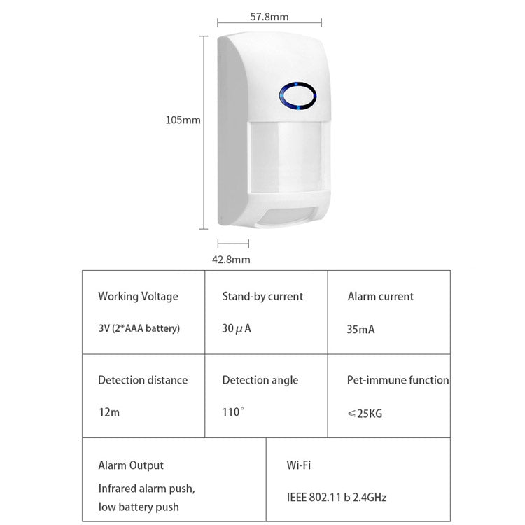 PIR motion infrared alarm detector dimensions diagram with blue ring sensor