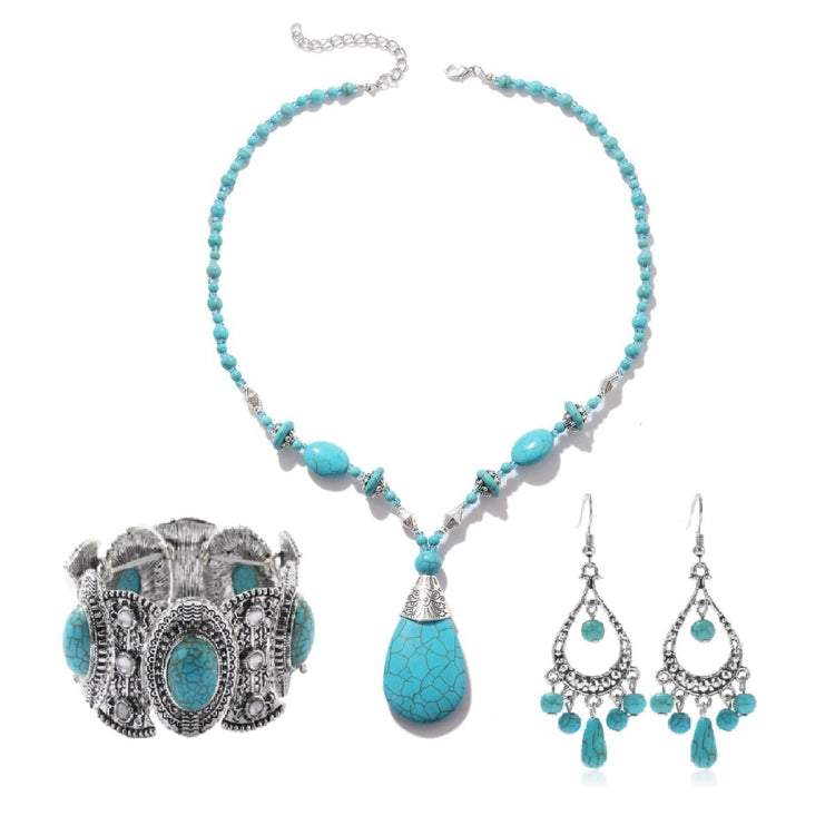 Turquoise bead necklace with teardrop pendant, cuff bracelet, and chandelier earrings set