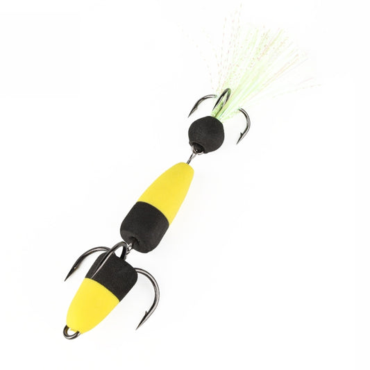 Foam worm lure with three treble hooks and feather tail, yellow and black