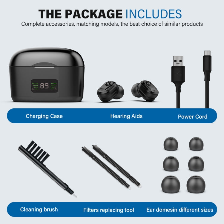 Charging case kit with two hearing aids, power cord, cleaning brush, filters, and domes.