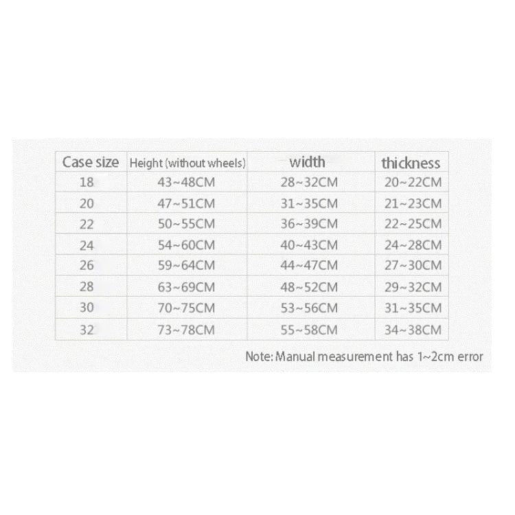 Transparent waterproof trolley suitcase cover size chart with case dimensions and thickness
