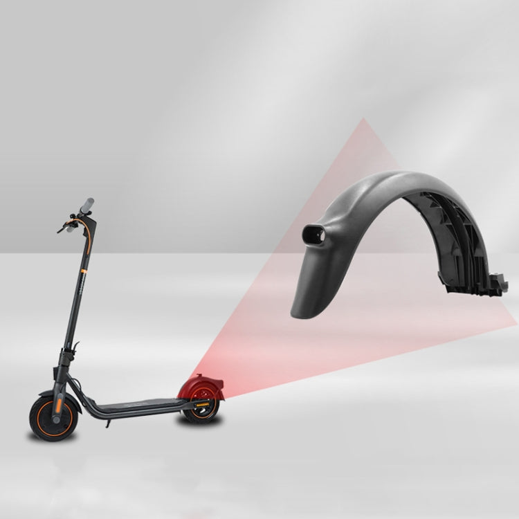Installed rear fender on electric scooter, black curved mudguard accessory