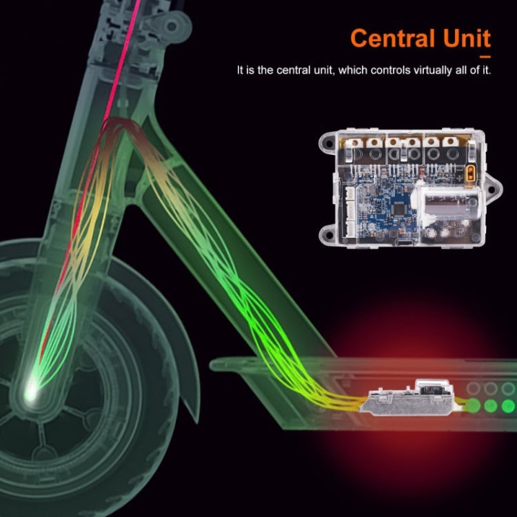 Electric scooter main board controller in clear housing with blue PCB and connectors