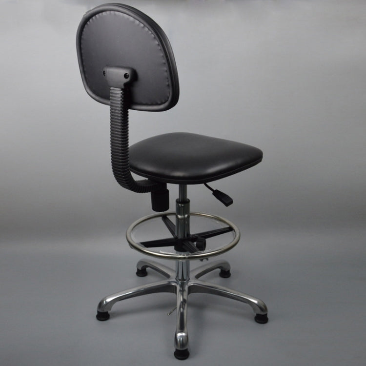 Black padded backrest and seat stool with spring column, chrome base, swivel casters