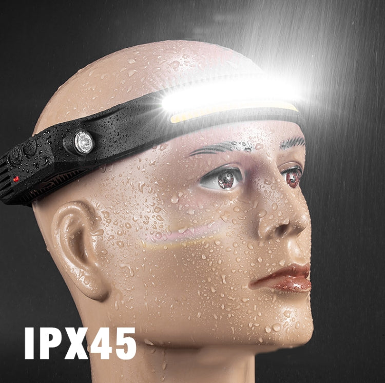 Water-resistant black headlamp on forehead with bright COB beam and yellow light bar