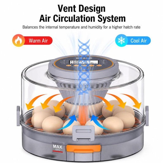 Egg incubator with transparent lid, orange egg tray, and internal air circulation vents