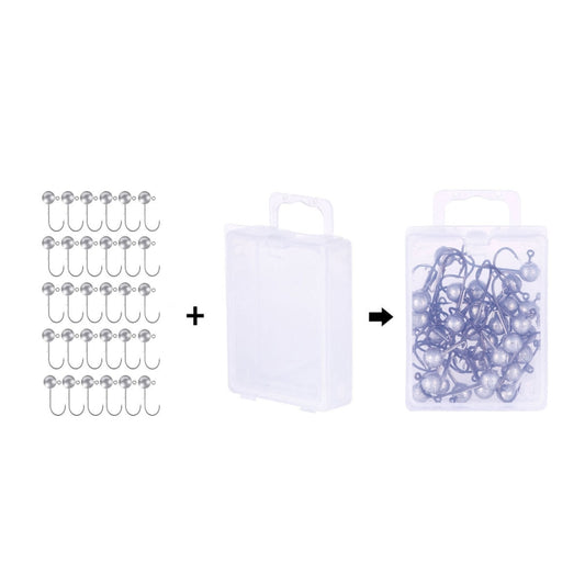 Assorted silver lead head fishing hooks with anti-drop design, shown with clear box
