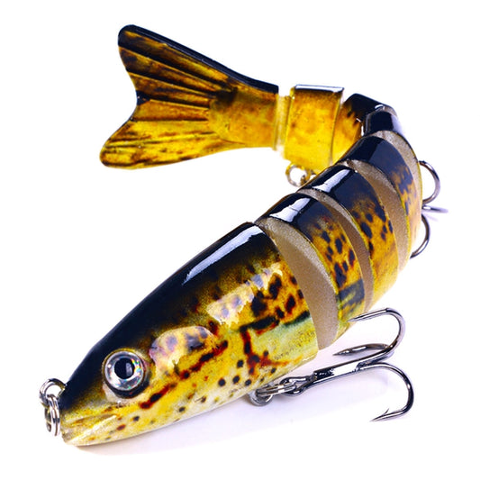 Multi-section fish minnow lure with treble hooks, gold-brown and dark spots pattern