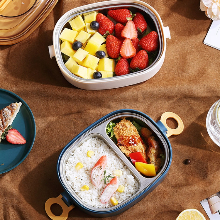 Blue oval divided insulated lunch box with two compartments, opened lid with meal