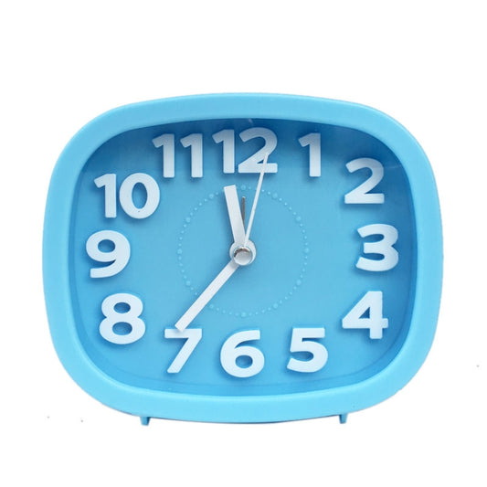 Square digital alarm clock with blue frame and white numerals, visible clock hands and dial.