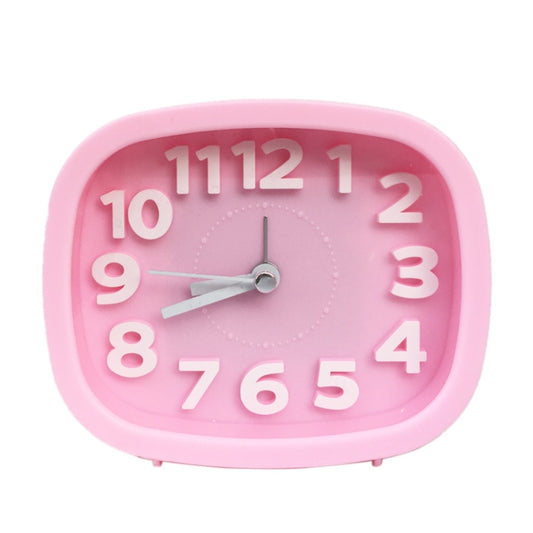 Square digital alarm clock with pink frame and white numerals, visible clock hands and dial.