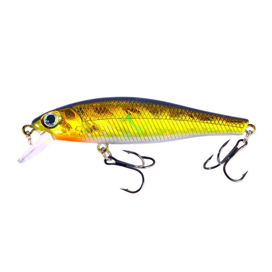 Floating minnow fake bait lure in gold and blue with transparent lip and treble hooks