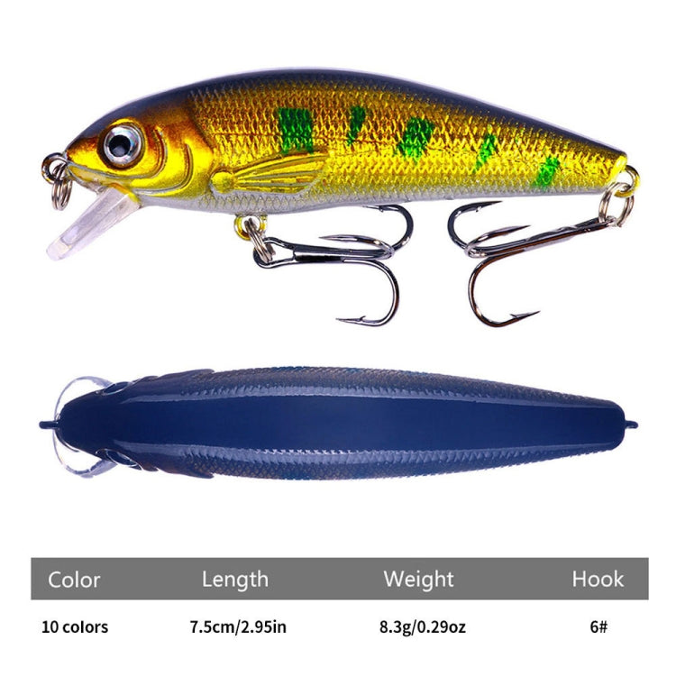 Floating minnow lures in gold and dark blue, with color, length, weight, and hook chart