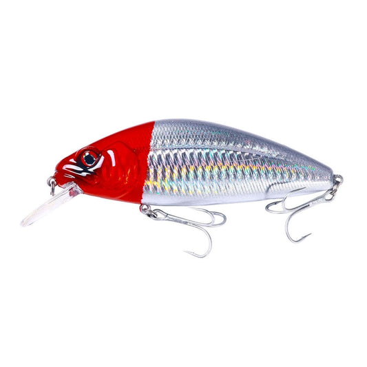 Red-and-silver minnow fishing lure with lifelike scales and 3 treble hooks