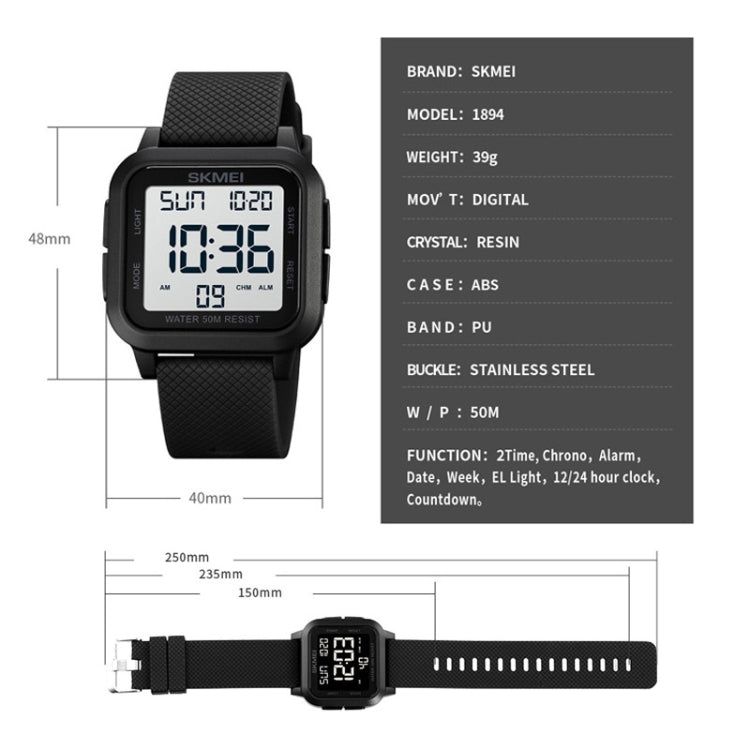 SKMEI 1894 square digital watch with black textured band, front view and size diagram