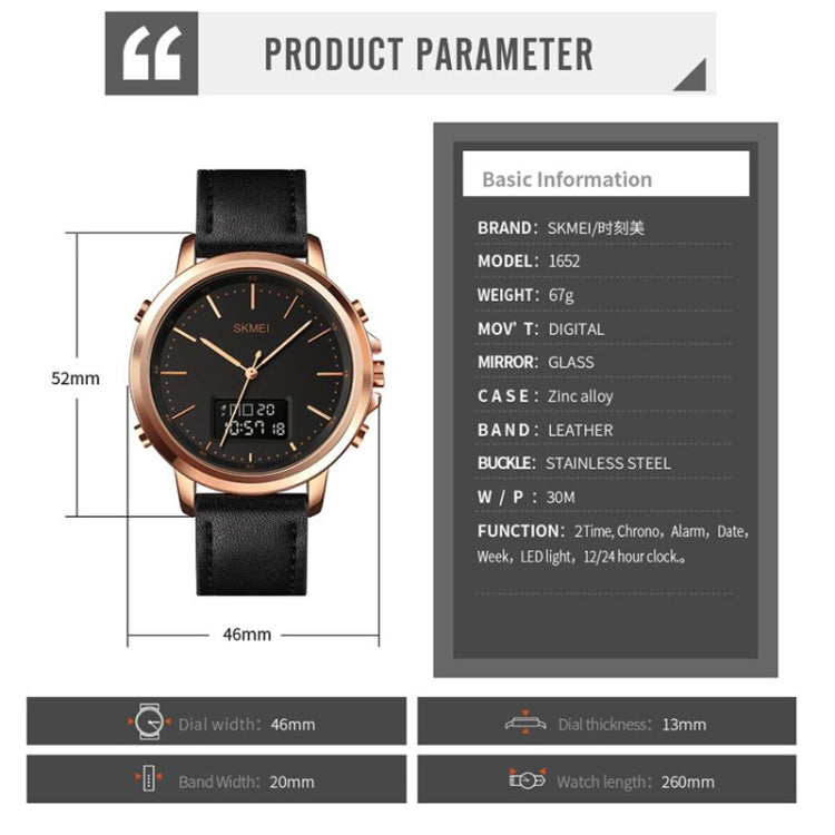 Sports leather watch diagram: rose-gold case, black dial, black leather strap, 52mm