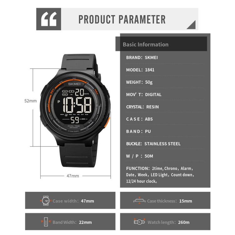 SKMEI black digital countdown wristwatch profile with orange bezel accents