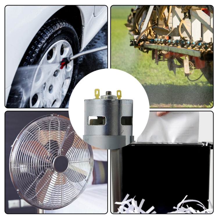 DC spindle motor and cooling fan shown together, with mounting connections and housing