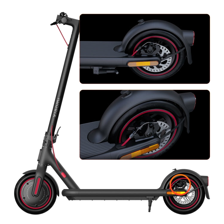Rear disc brake caliper highlighted on rear wheel of electric scooter
